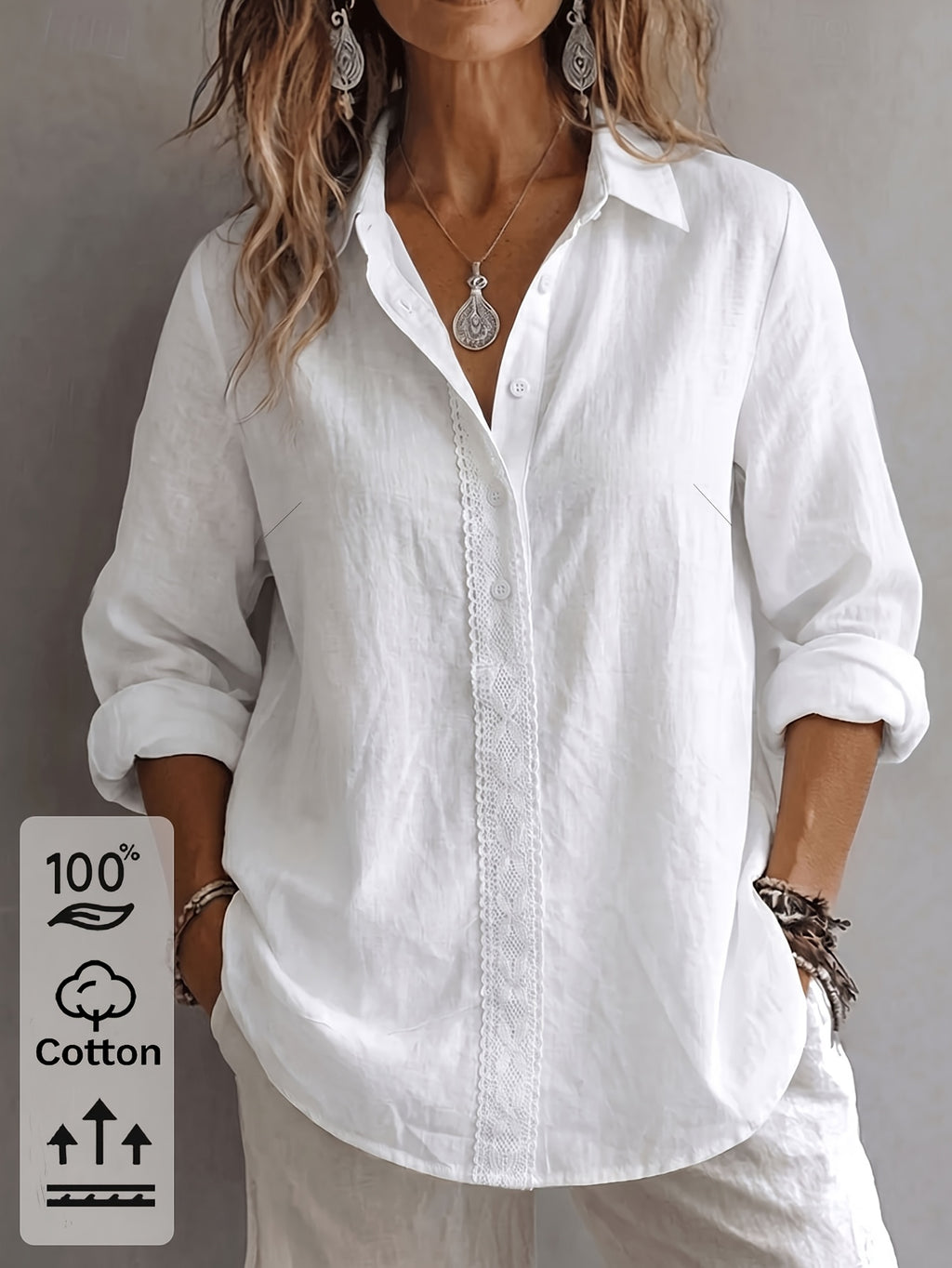 Chemise grande taille en dentelle, coupe oversize, col — composition : 100% Coton