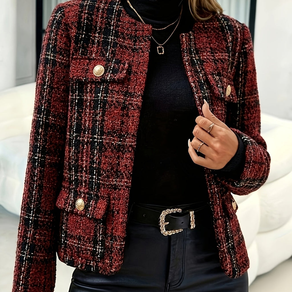 Blazer grande taille en tweed, col mao, boutonnage, manches longues — matière : polyester