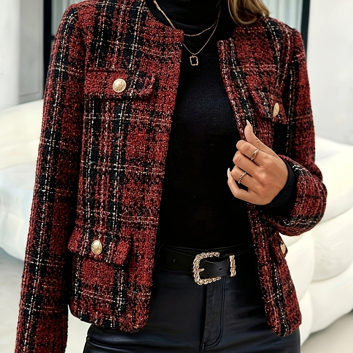 Blazer grande taille en tweed, col mao, boutonnage, manches longues — matière : polyester