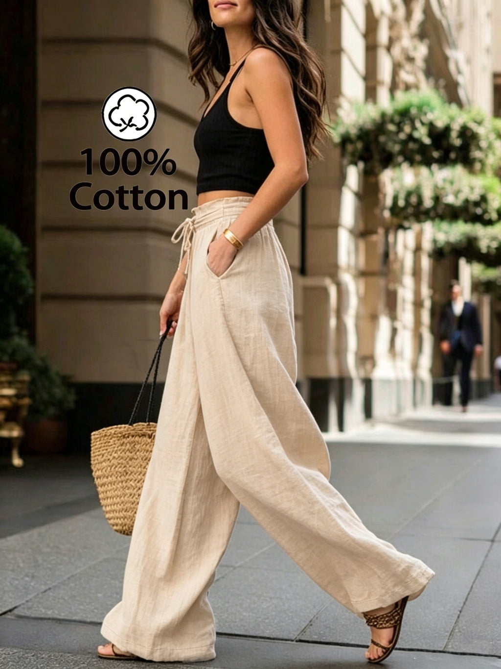 Pantalon en coton grande taille — Taille froncée et cordon