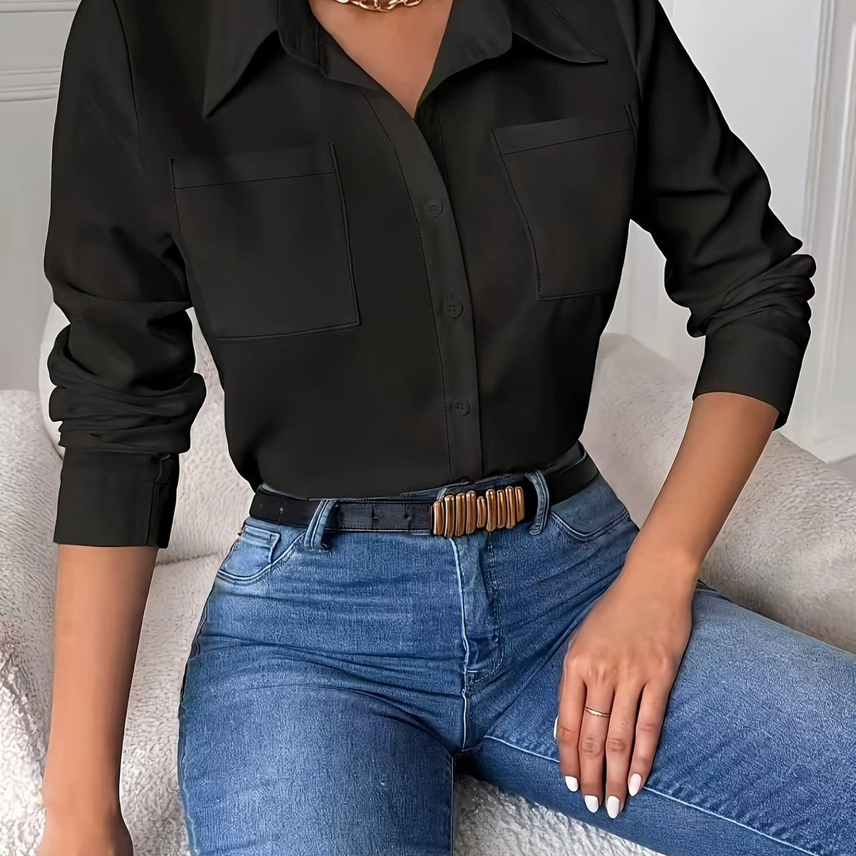 Chemise grande taille à broderies, manches longues — composition : 100% Polyester