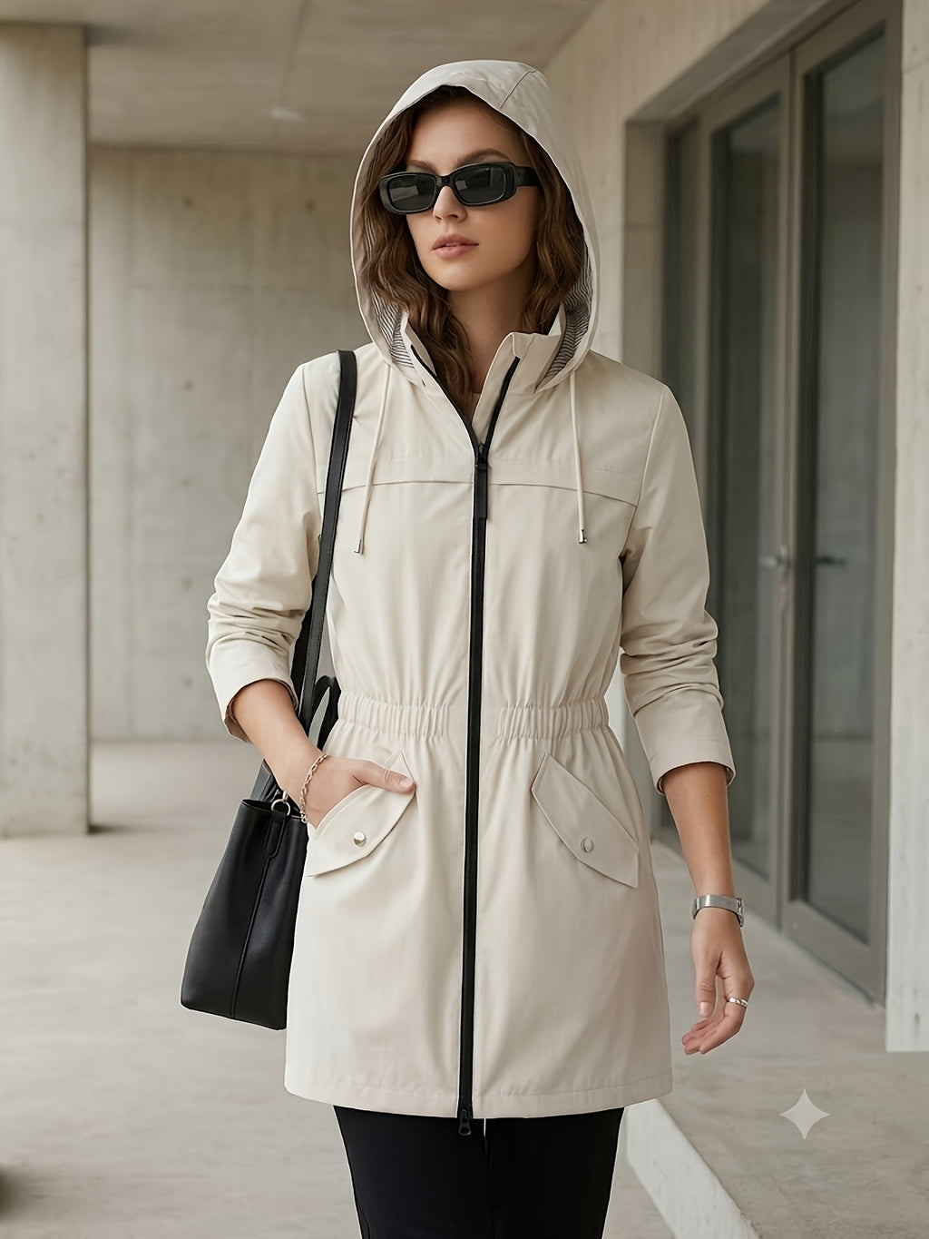 Trench grande taille, longueur midi, capuche, gros plan