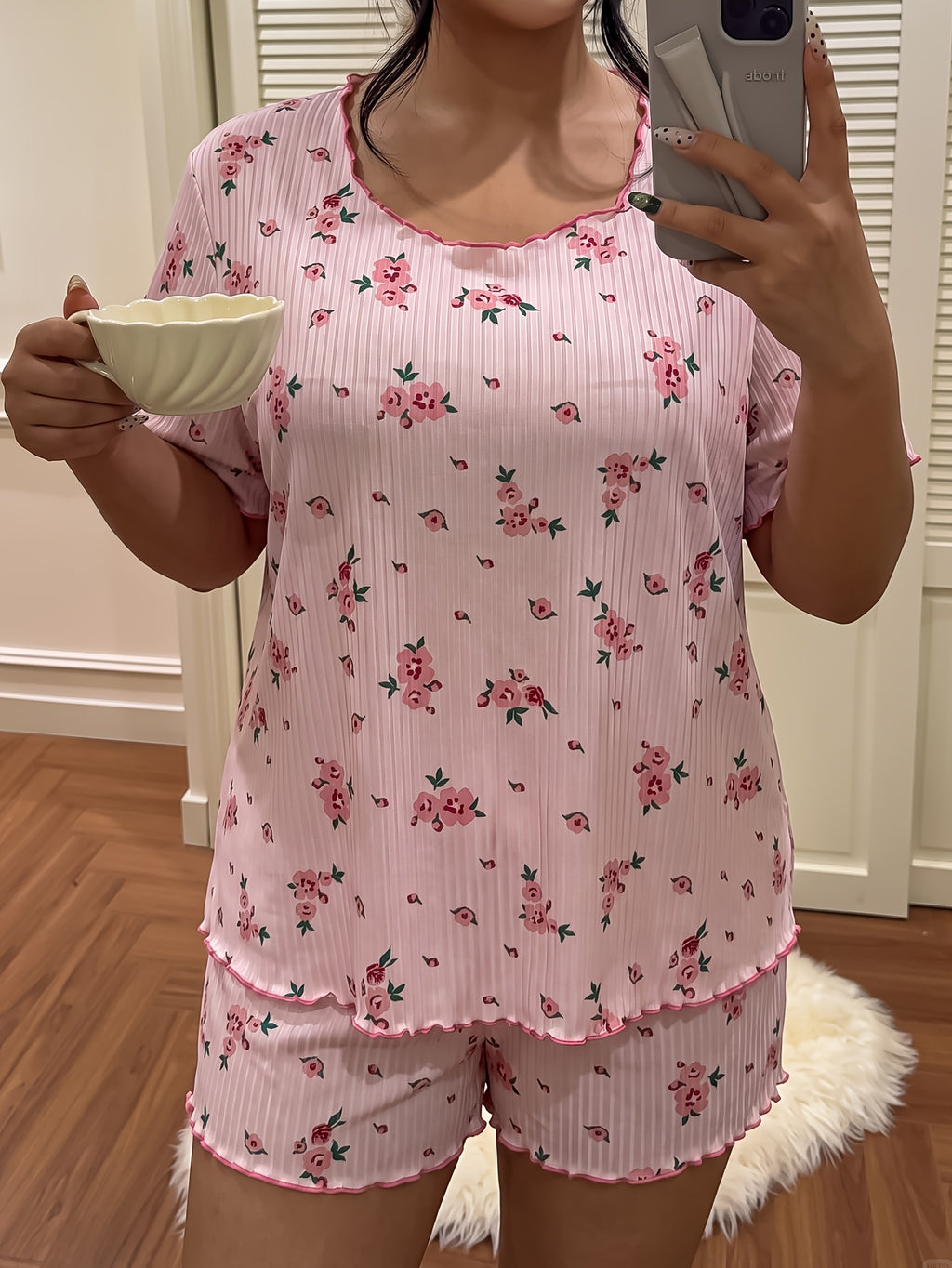 Pyjama grande taille à imprimé fleuri, coupe ample, manches courtes