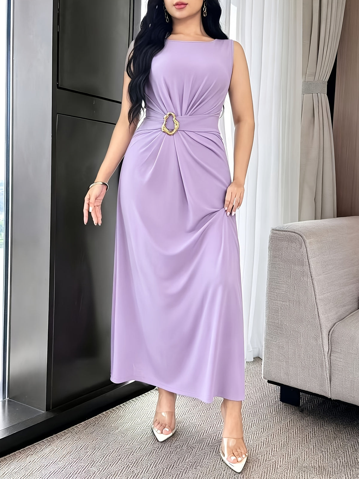 Robe longue grande taille — Bleu canard, anneau doré à la taille