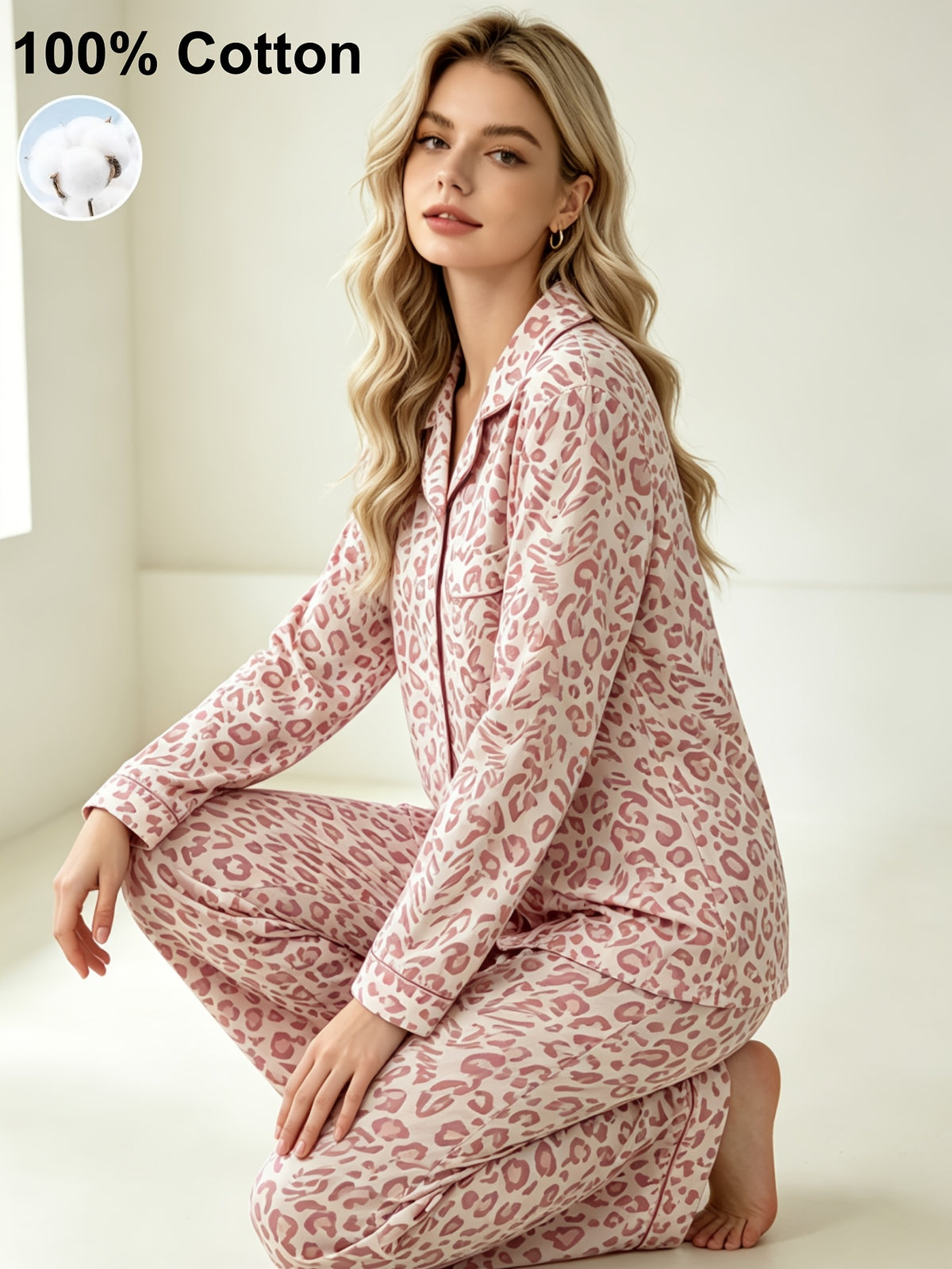 Pyjama grande taille à imprimé léopard, toucher naturel, chaleur d'hiver, tissu opaque