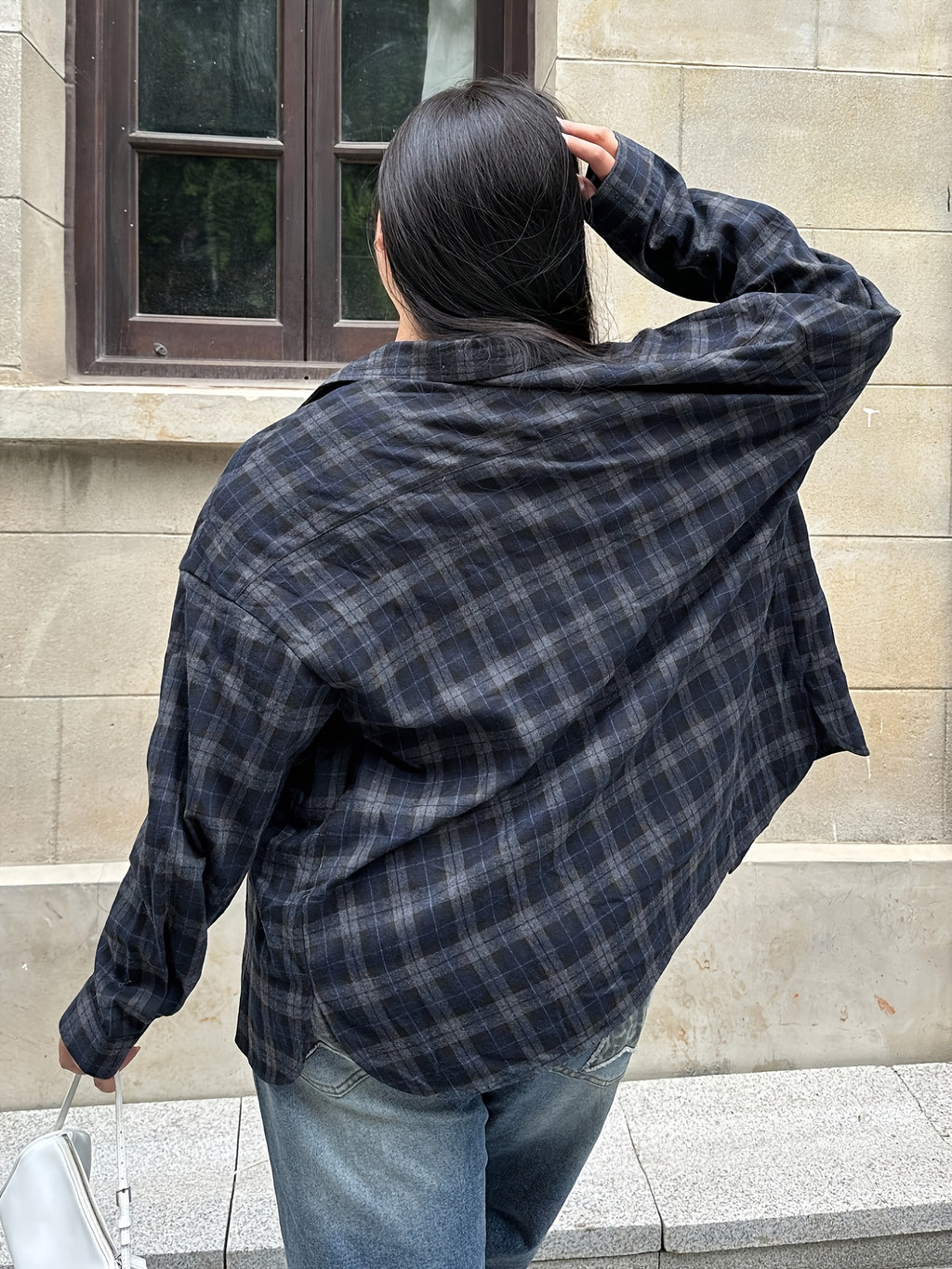 Chemise grande taille à carreaux, coupe oversize, manches longues — composition : 100% Polyester