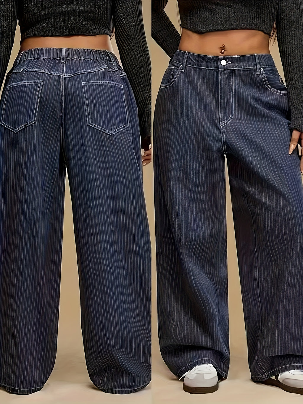 Jean grande taille à rayures, coupe oversize, tenue franche, porté de face