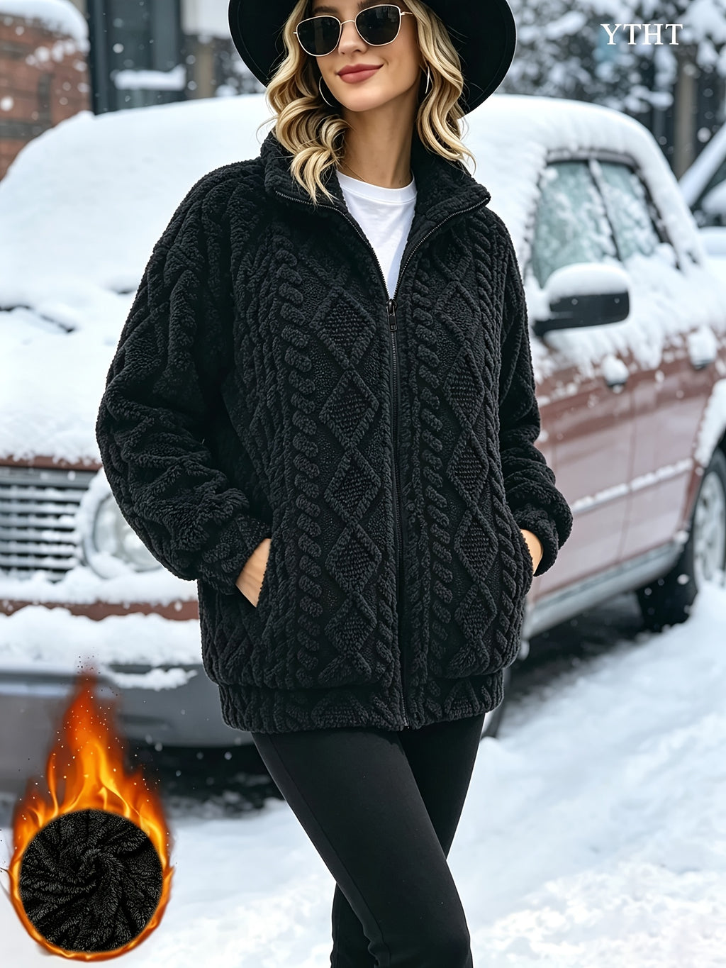 Veste grande taille à imprimé géométrique, coupe ample, col, mise en situation