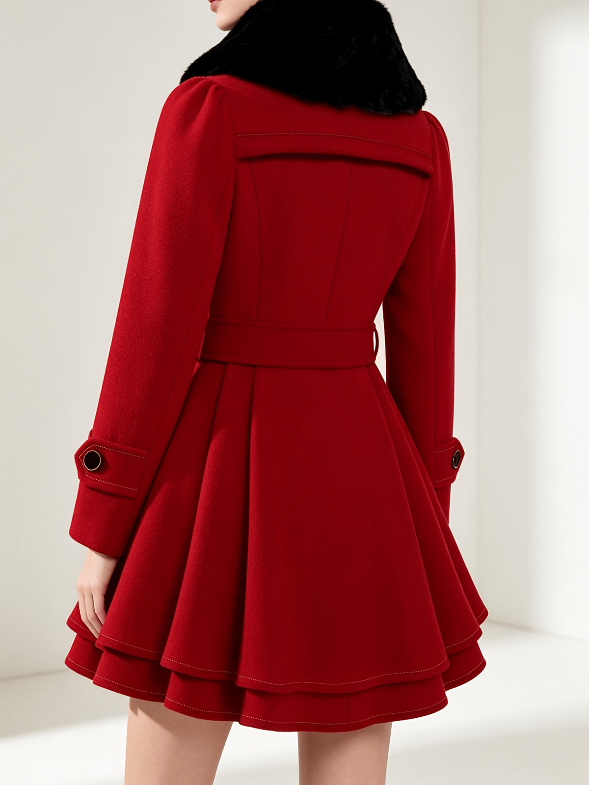 Manteau grande taille, coupe évasée, doublure, chaleur d'hiver, vu de dos
