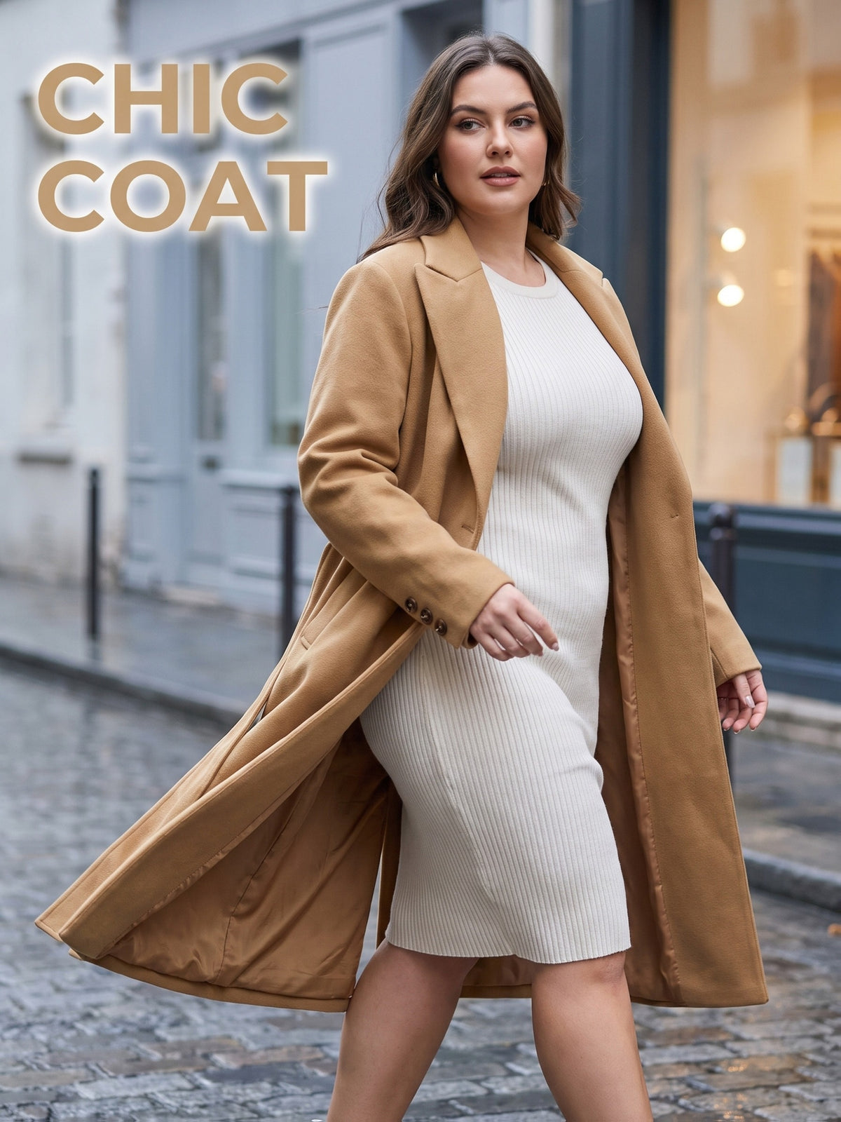 Manteau grande taille, col à revers, ceinture assortie, chaleur d'hiver Image
