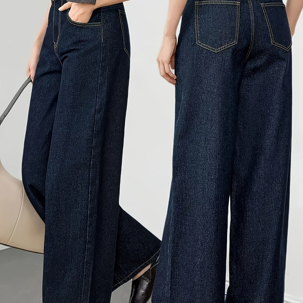 Jean grande taille, coupe évasée, tenue franche, délavage — matière : denim