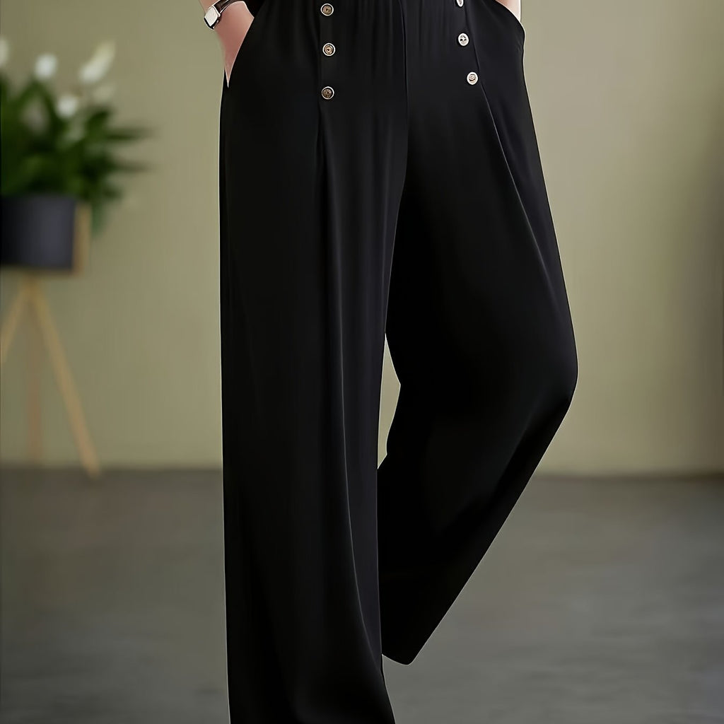 Pantalon grande taille, coupe évasée, poches plaquées — matière : polyester