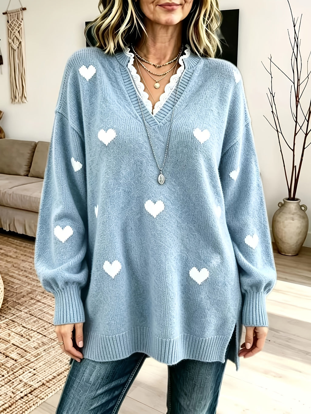 Pull grande taille en dentelle, coupe oversize, effet ajouré, chaleur d'hiver, vue de profil