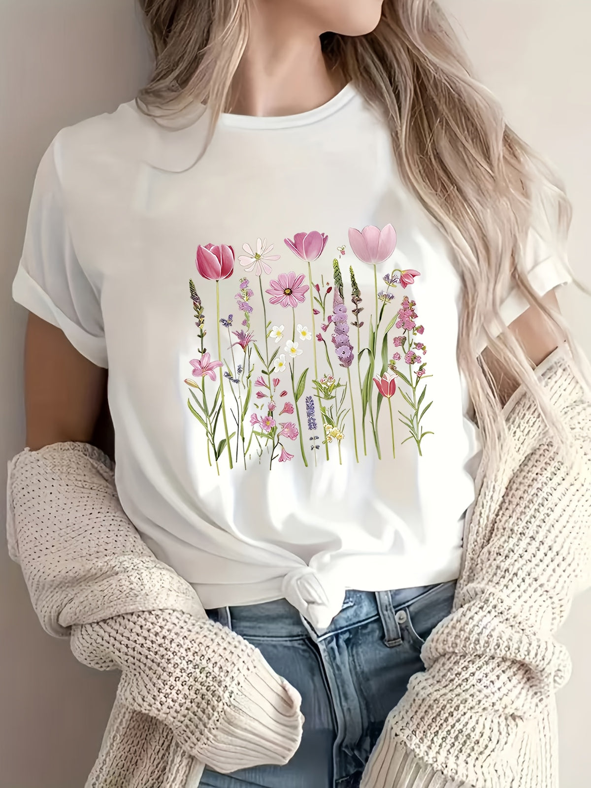 T-shirt grande taille à imprimé fleuri, manches courtes, imprimé floral, tissu opaque