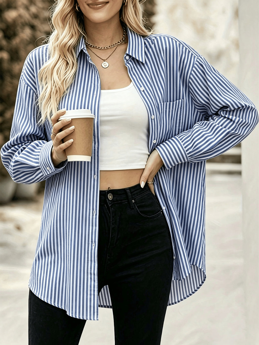 Chemise grande taille à rayures, coupe ample, manches longues, toucher naturel — composition : 100% Coton