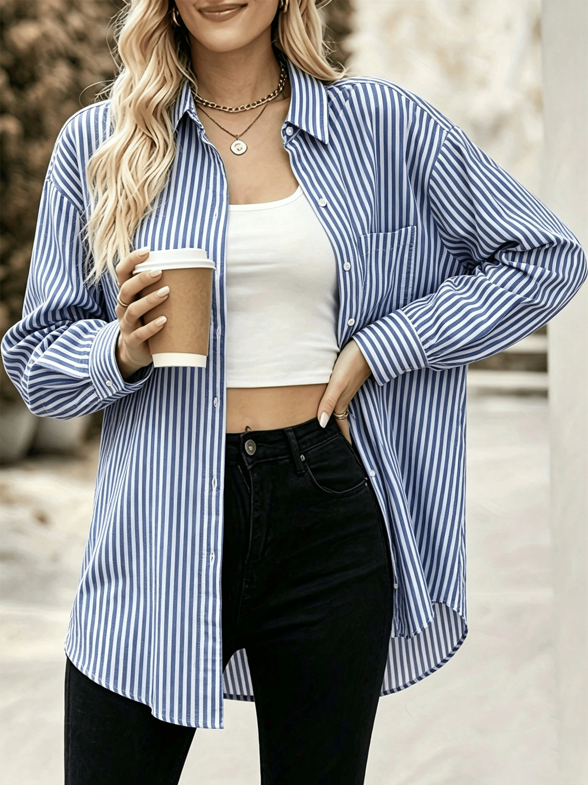 Chemise grande taille à rayures, coupe ample, manches longues, toucher naturel — composition : 100% Coton
