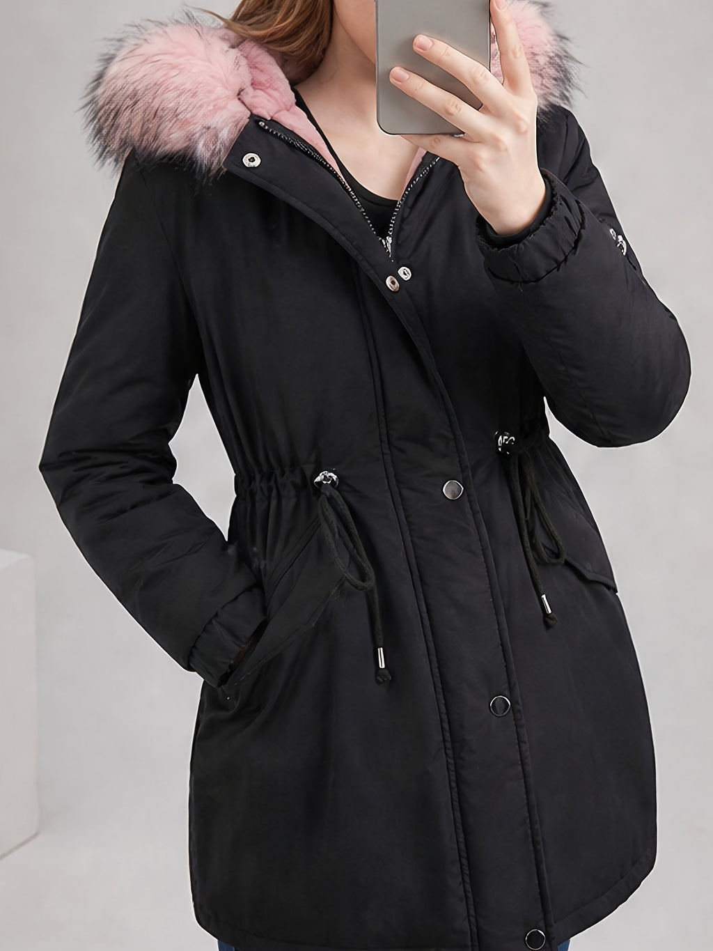 Manteau grande taille, cordon de serrage, capuche, chaleur d'hiver, visuel produit