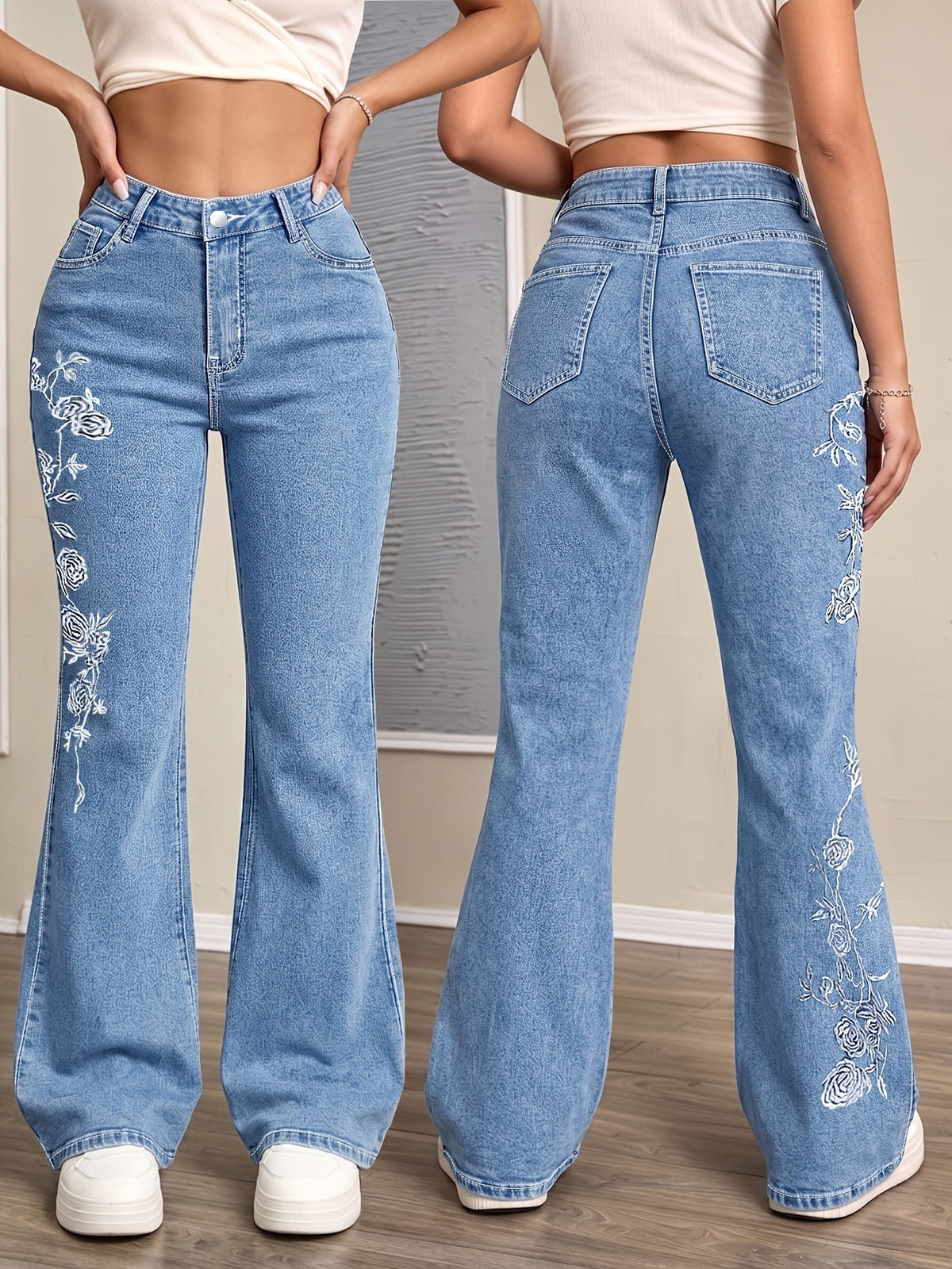 Jean grande taille à broderies, coupe oversize, tombé fluide