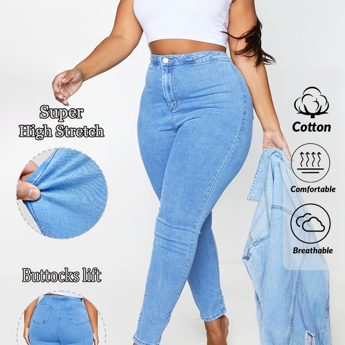 Jean grande taille, coupe ajustée, poches plaquées, tenue franche — composition : 70% Coton, 24% Polyester, 4% Élasthanne, 2% Viscose Image
