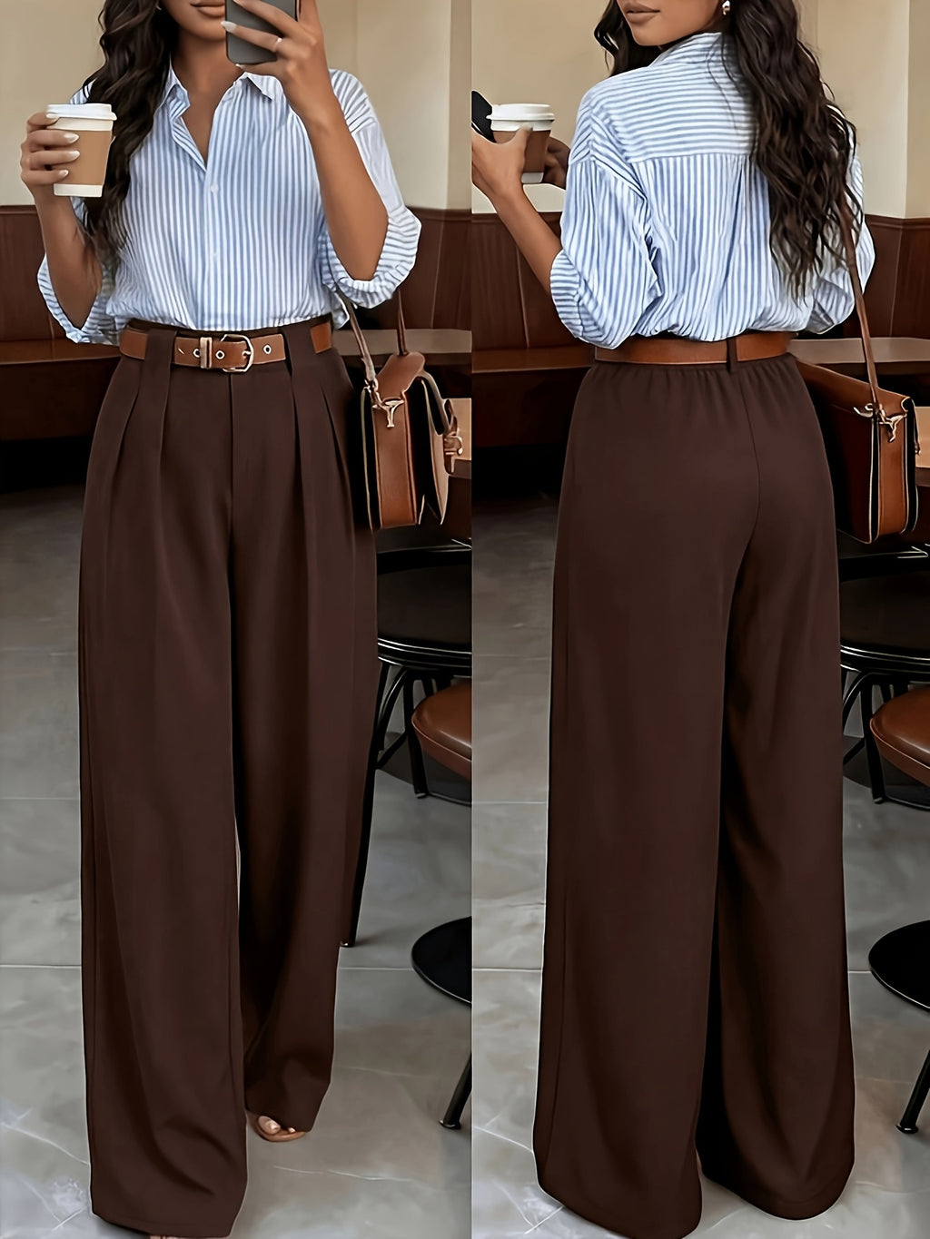 Pantalon grande taille, coupe droite, ceinture assortie, plissé, gros plan
