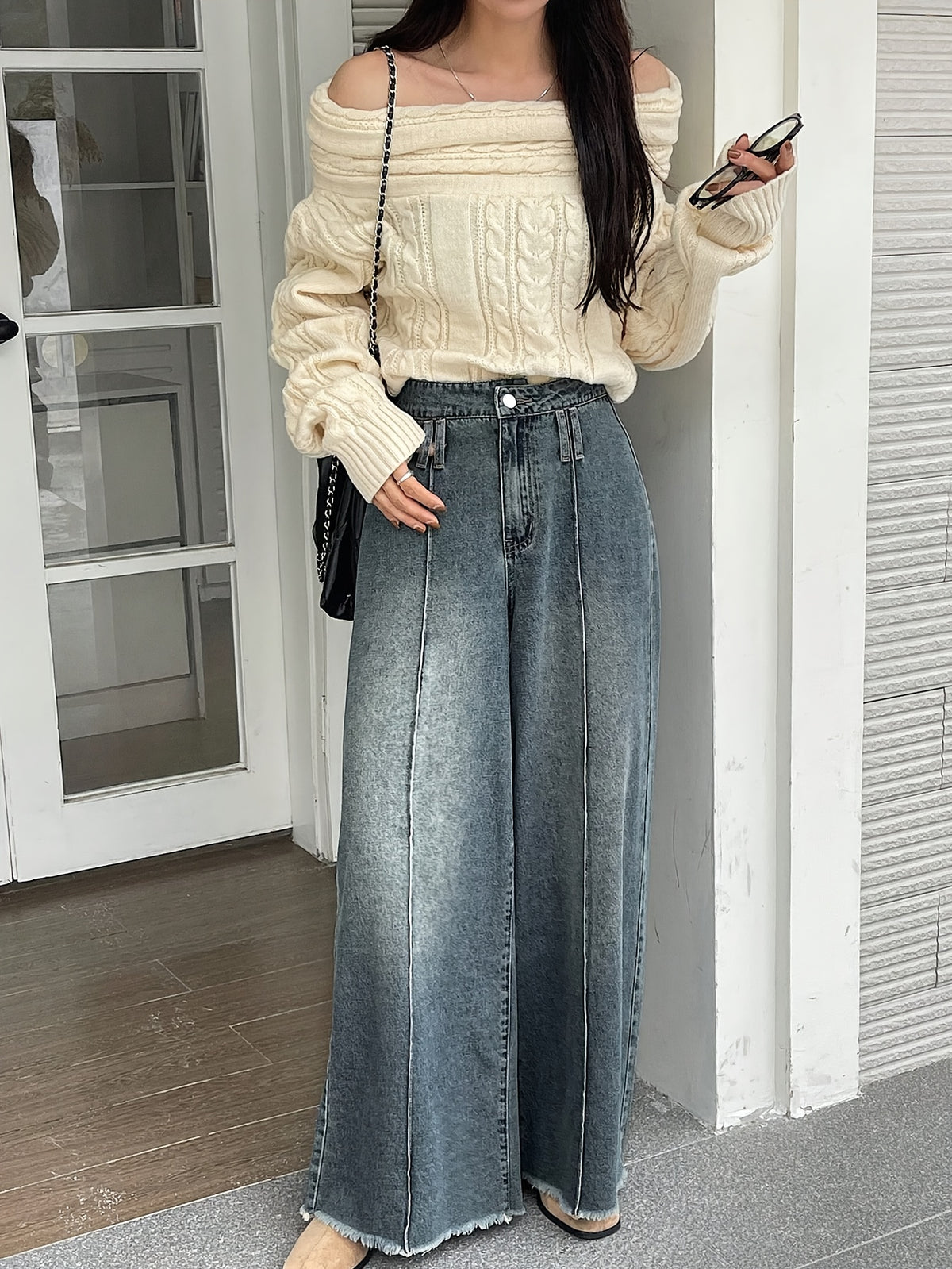 Jean grande taille, coupe évasée, tenue franche, jambe large, tissu opaque