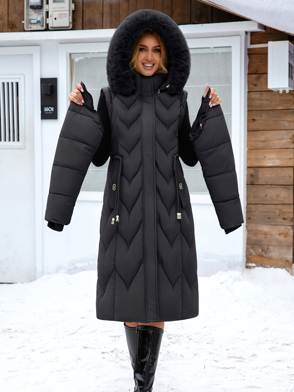 Manteau grande taille, coupe ajustée, capuche, autre coloris