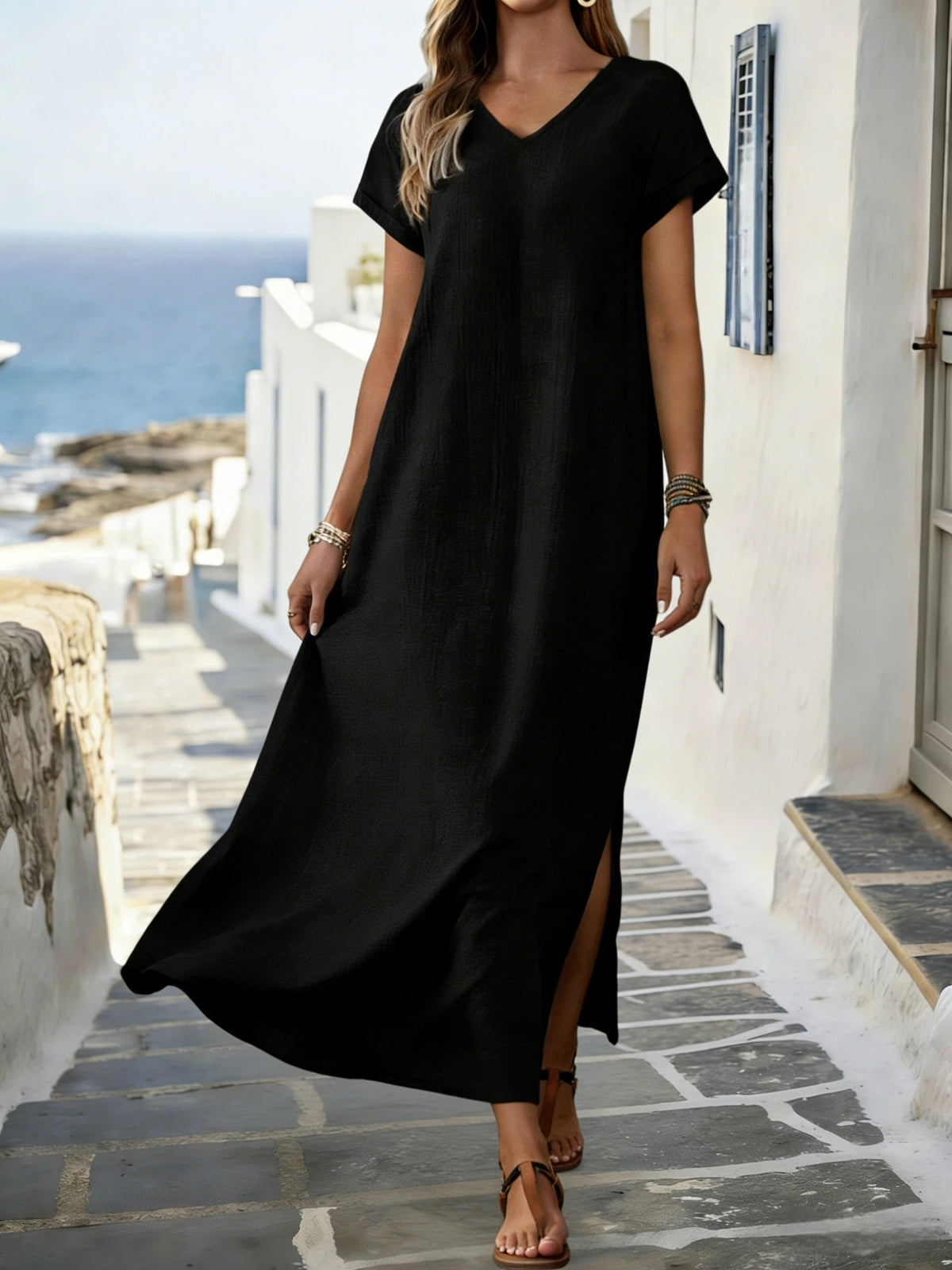 Robe longue grande taille — Viscose froissée et fentes hautes