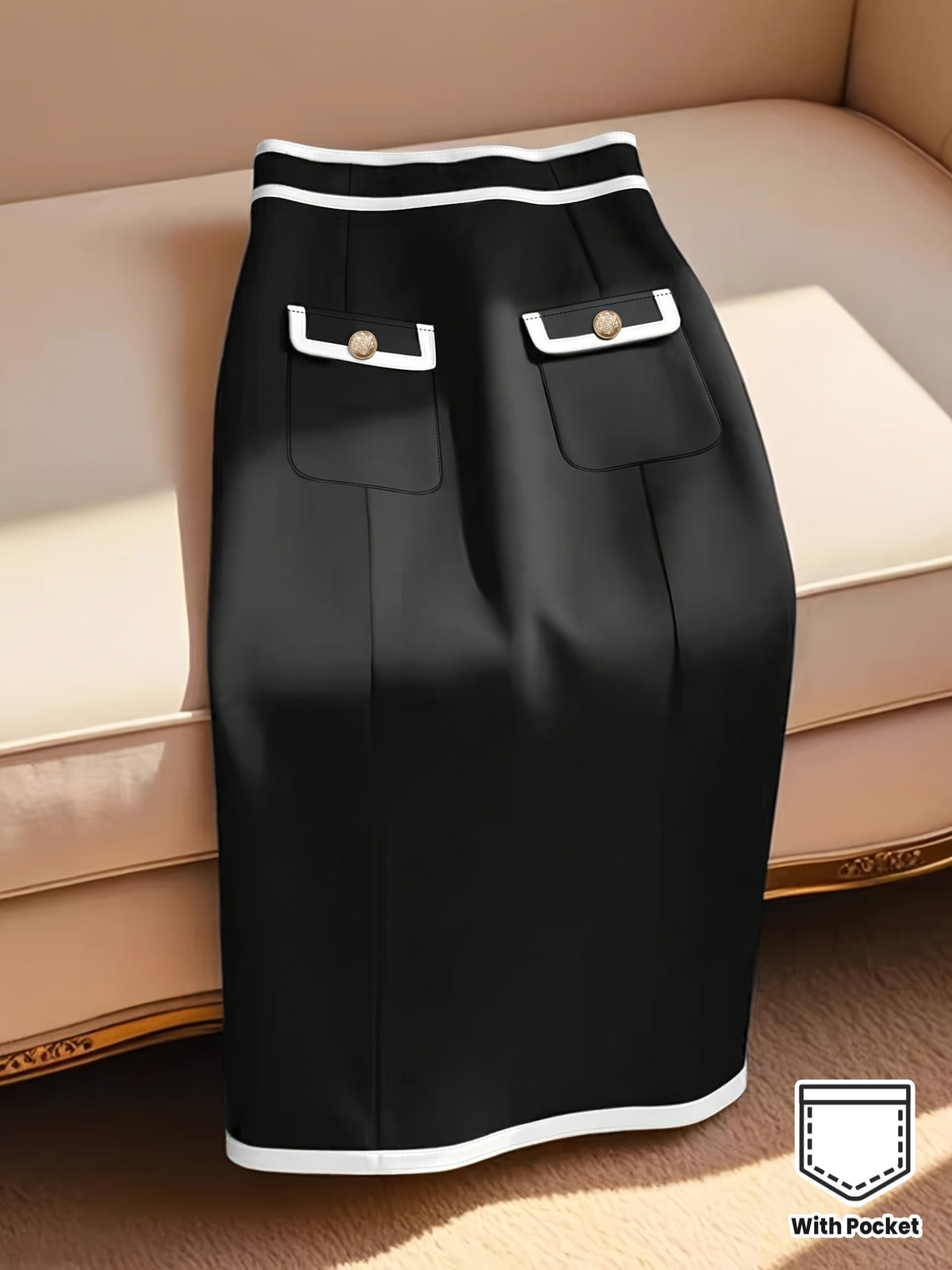 Jupe grande taille, coupe droite, poches pratiques, esprit décontracté, porté de face