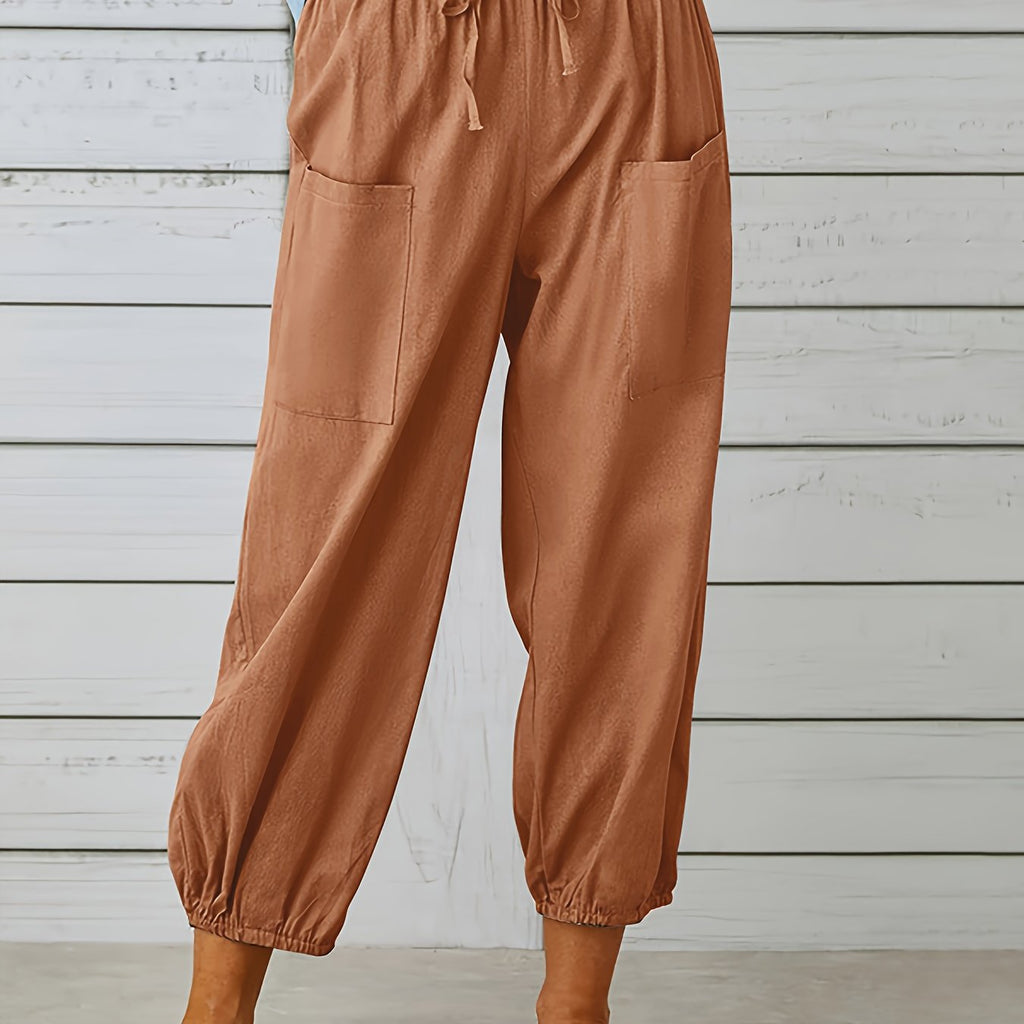 Pantalon grande taille en lin, cordon de serrage, tenue souple — matière : lin