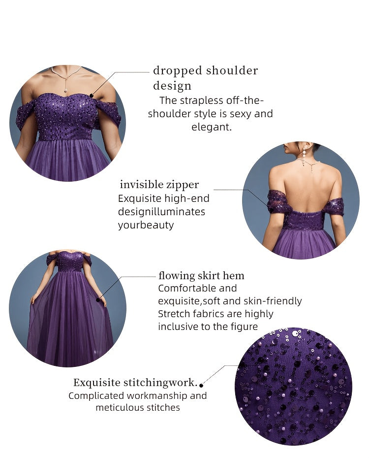 Robe de soirée grande taille — Tulle violet sequins perlés