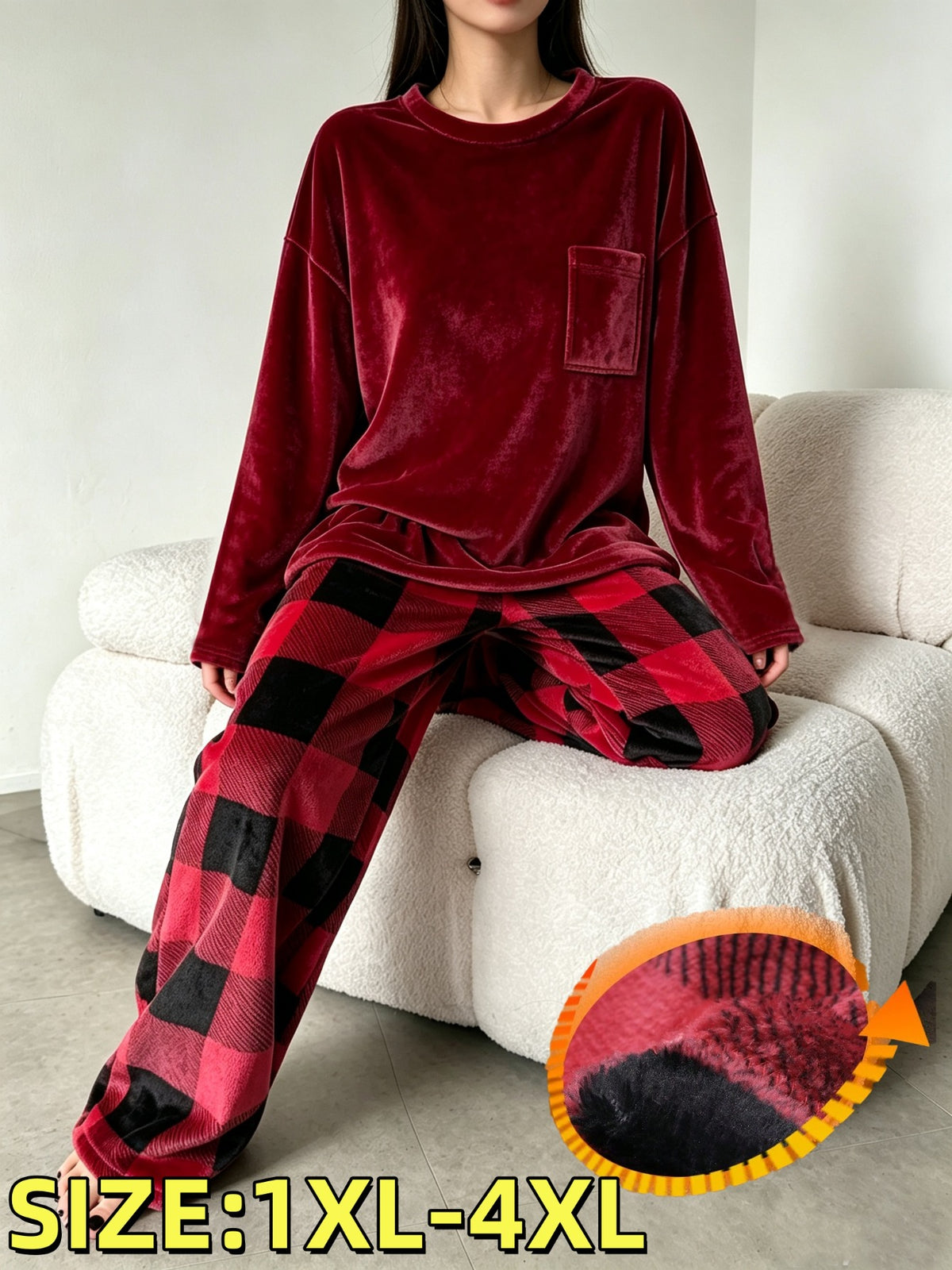 Pyjama grande taille à carreaux, chaleur d'hiver, esprit décontracté — composition : 100% Polyester