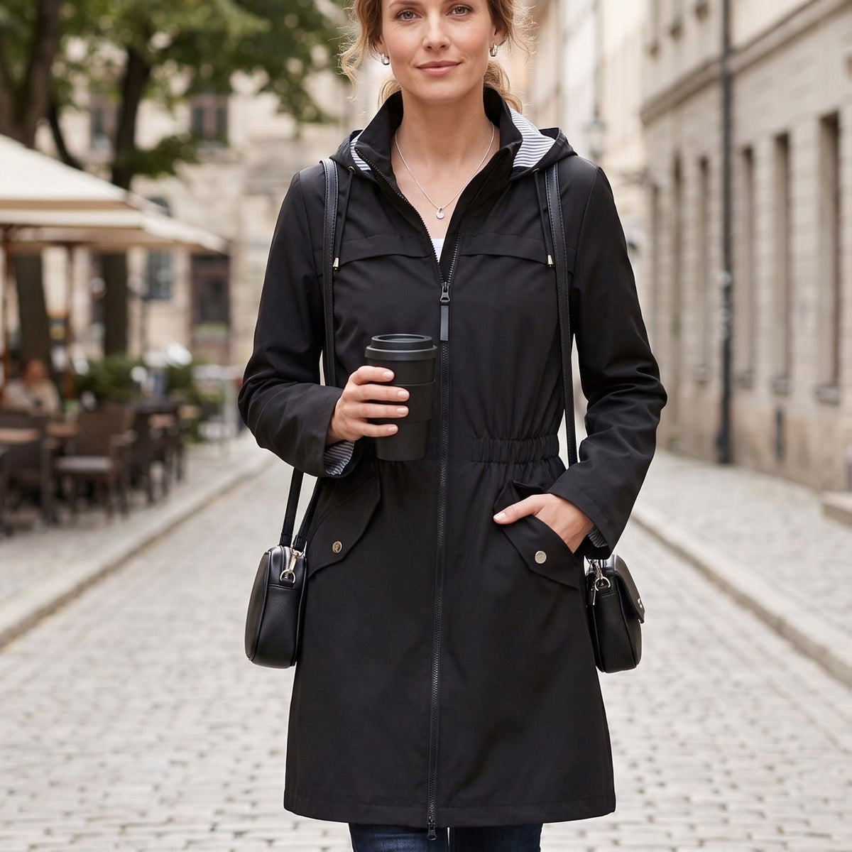 Trench grande taille, longueur midi, capuche — matière : polyester