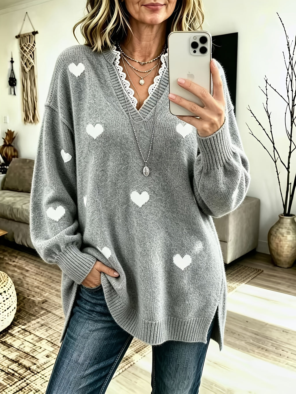 Pull grande taille en dentelle, coupe oversize, effet ajouré, chaleur d'hiver, vu de dos