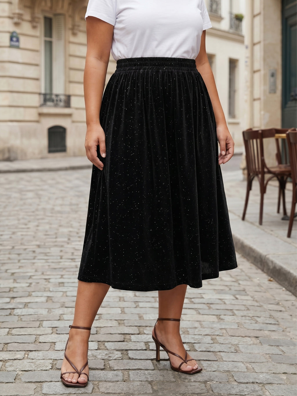 Jupe grande taille en velours, coupe droite, toucher profond, tissu opaque