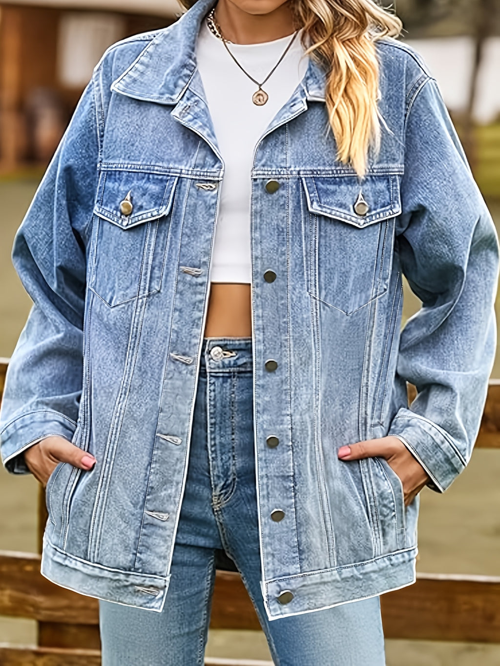 Veste grande taille, coupe oversize, poches plaquées, tenue franche, vu de dos