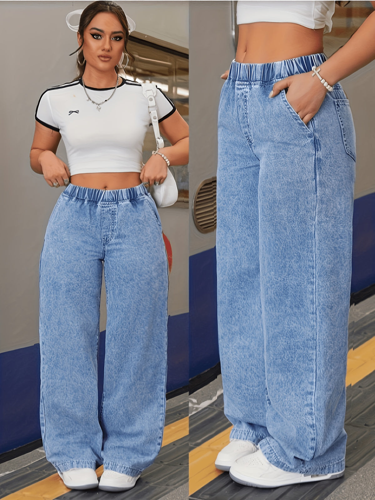 Jean grande taille, coupe oversize, tenue franche, jambe droite