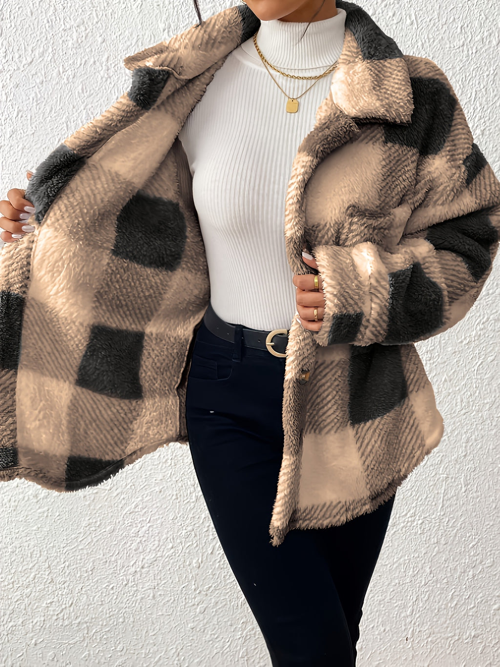 Veste grande taille à carreaux, col mao, boutonnage, manches longues, autre coloris