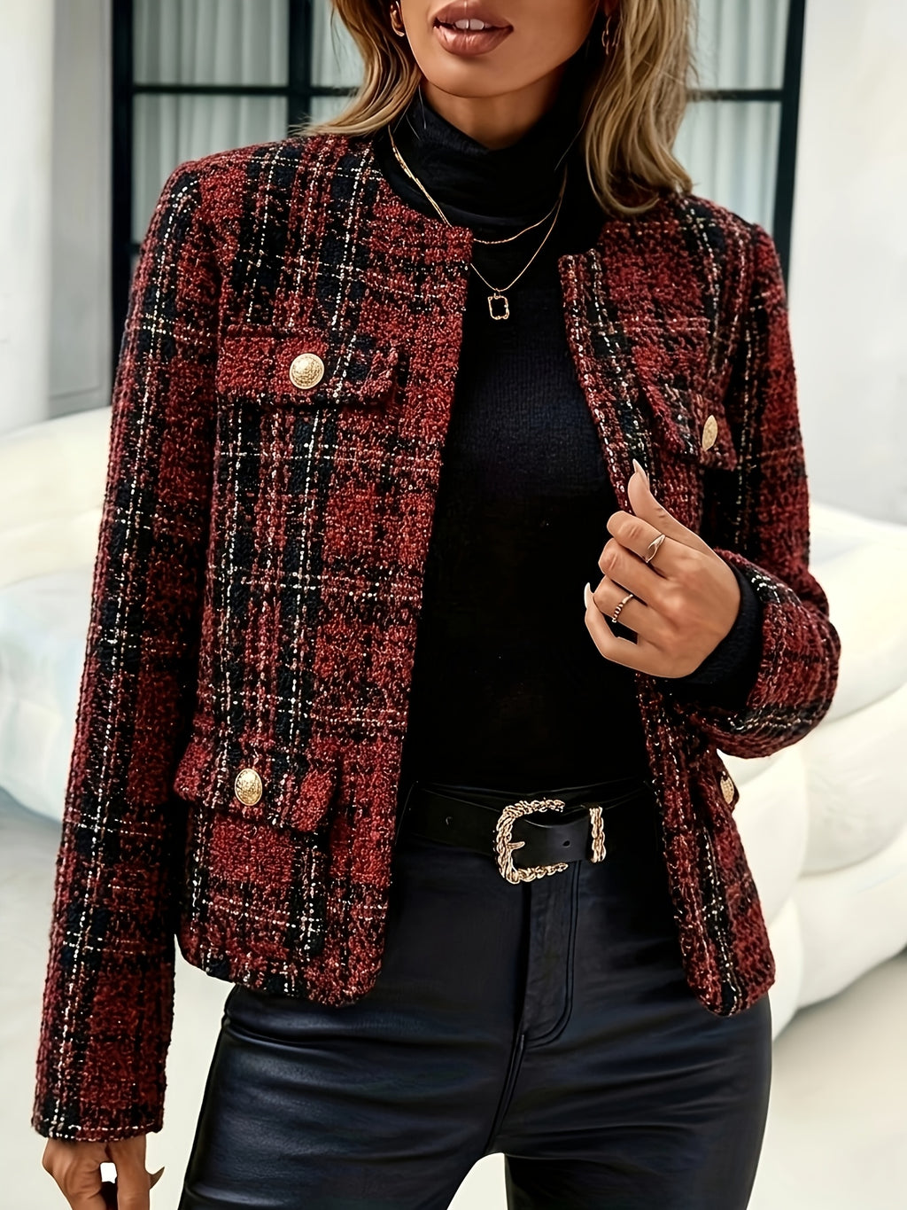 Blazer grande taille en tweed, col mao, boutonnage, manches longues, vu de dos