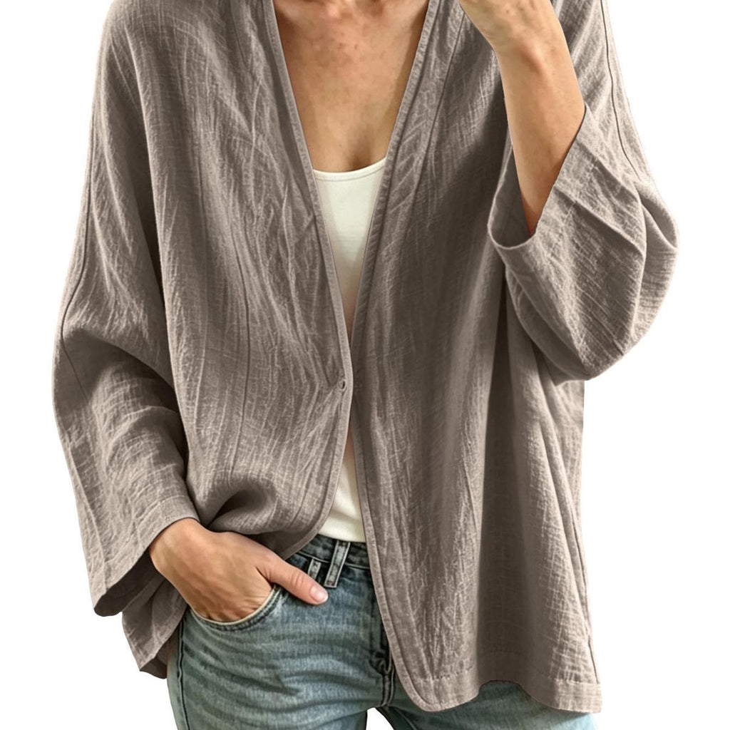 Veste grande taille en lin, coupe ample, encolure nette, manches longues — composition : 50% Lin, 40% Coton, 10% Polyester