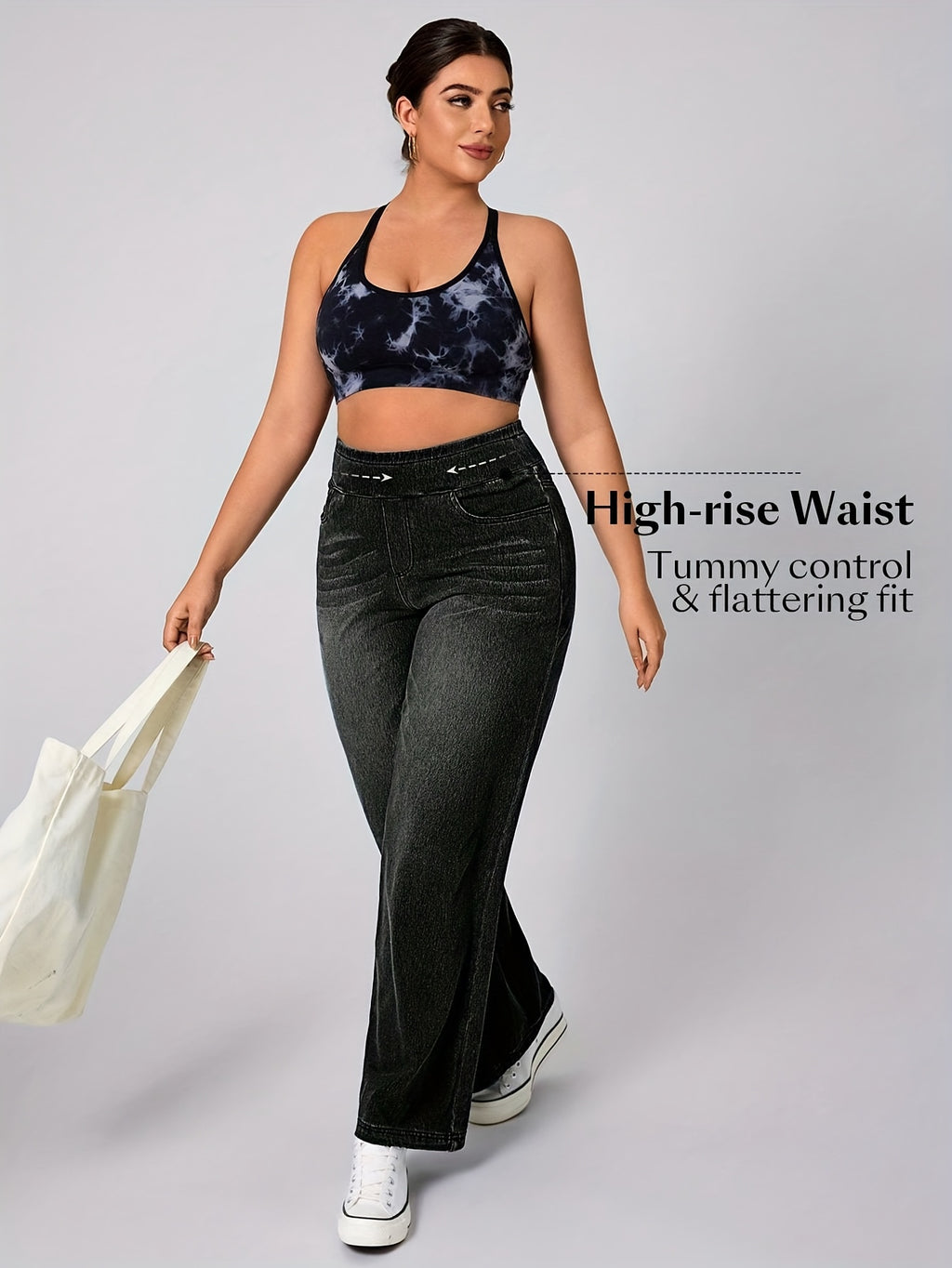 Pantalon grande taille, coupe droite, poches pratiques, toucher naturel, vu de dos