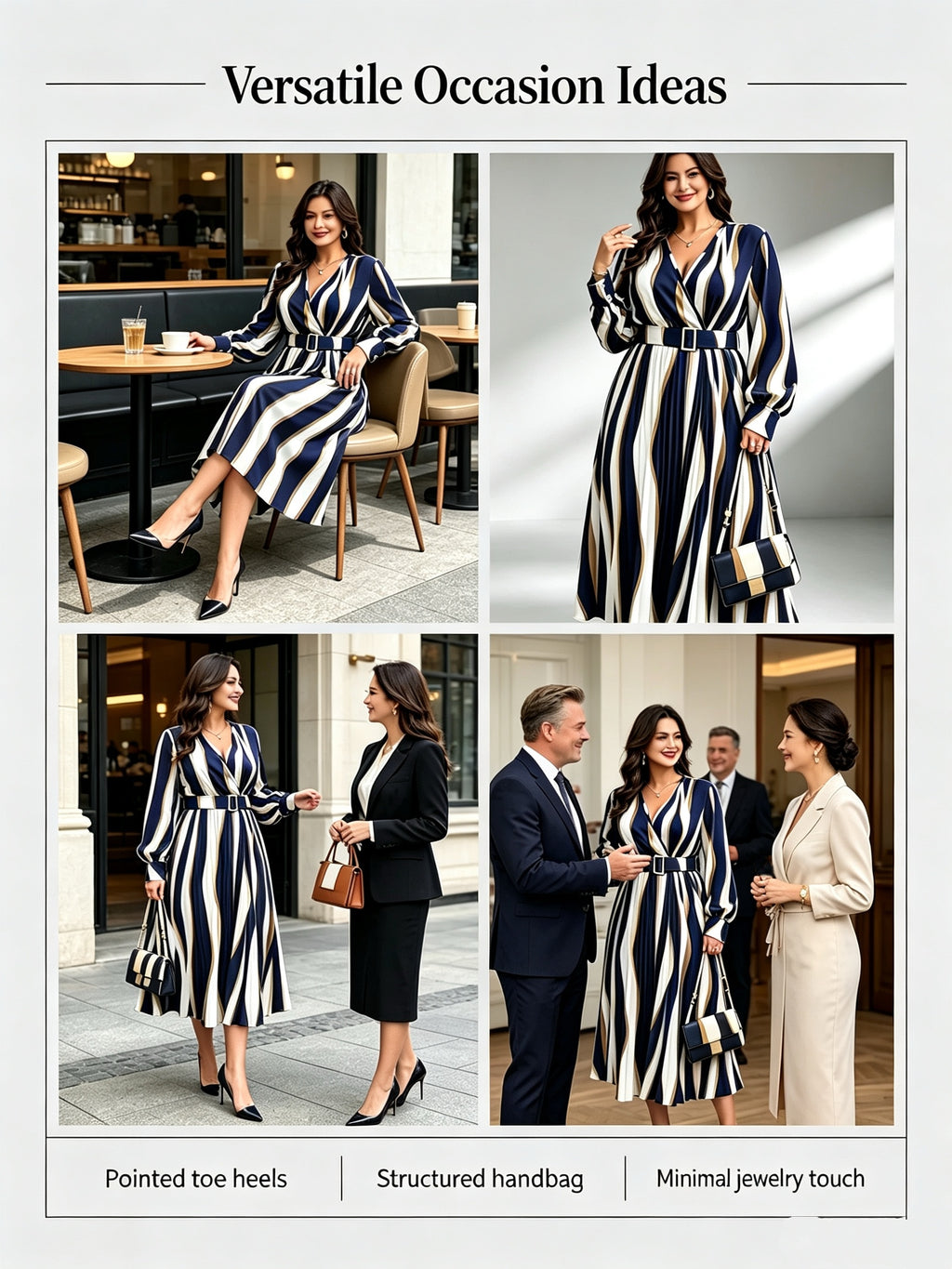 Robe midi grande taille, plissé soleil à rayures ondulées