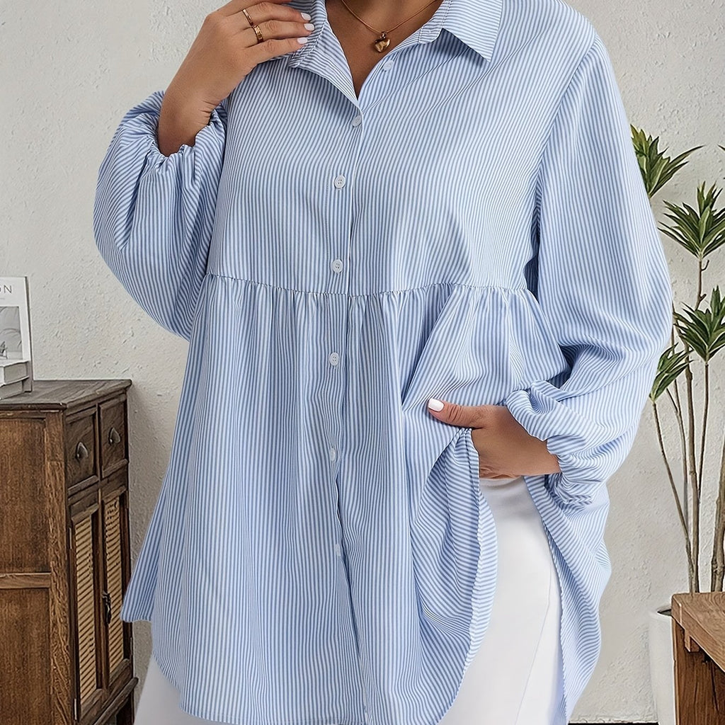 Chemise grande taille à rayures, col polo, porté de face
