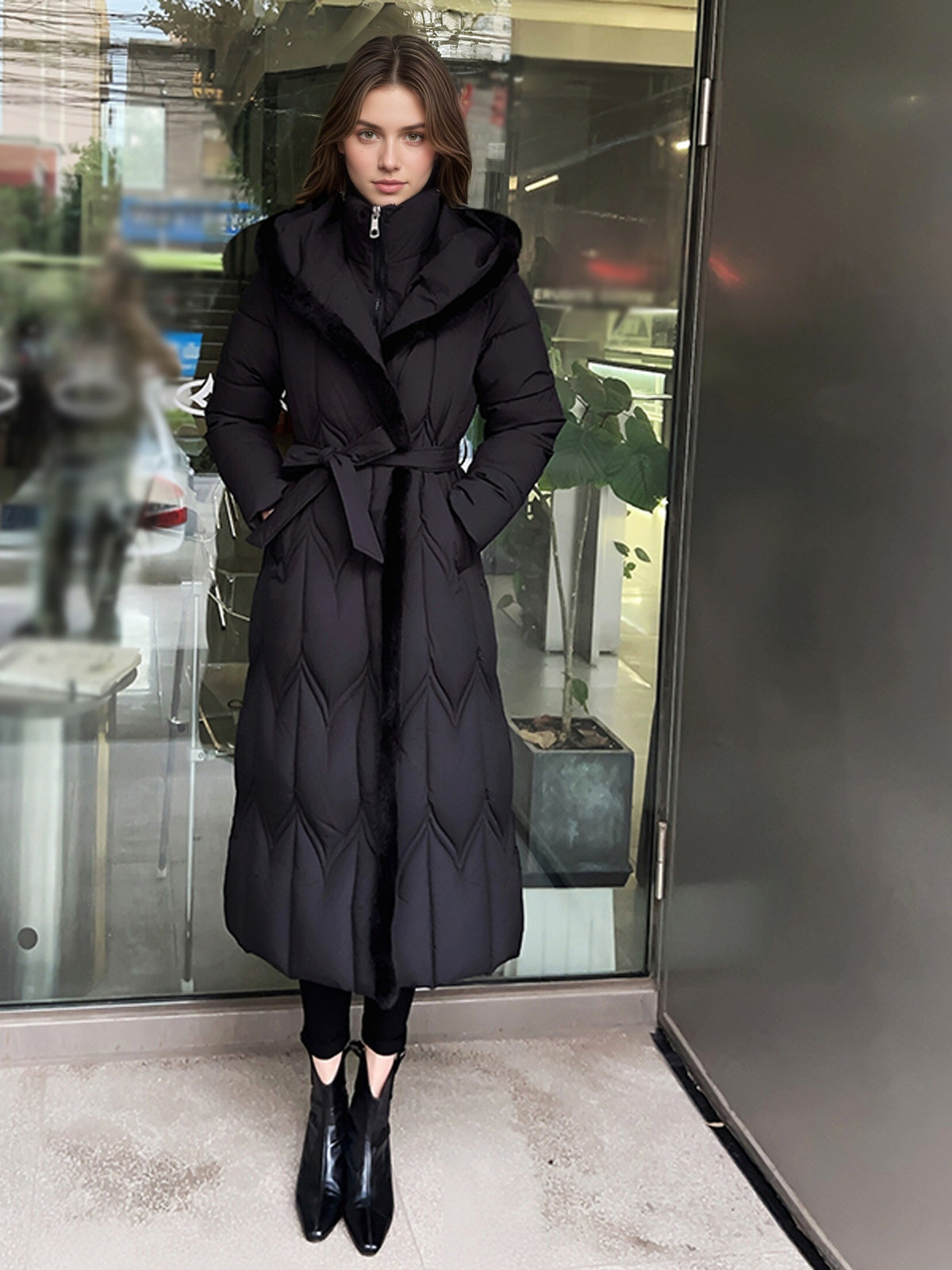 Manteau grande taille, coupe cintrée, capuche, chaleur d'hiver, gros plan