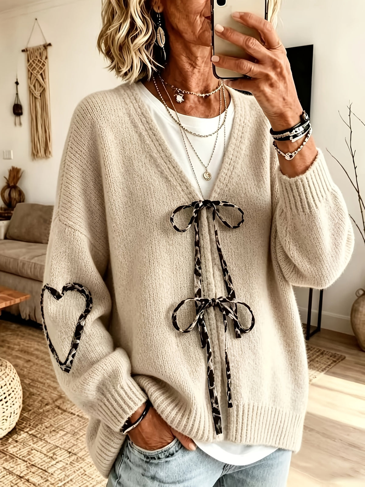 Cardigan grande taille à rayures, coupe oversize, col V, cordon de serrage, vu de dos