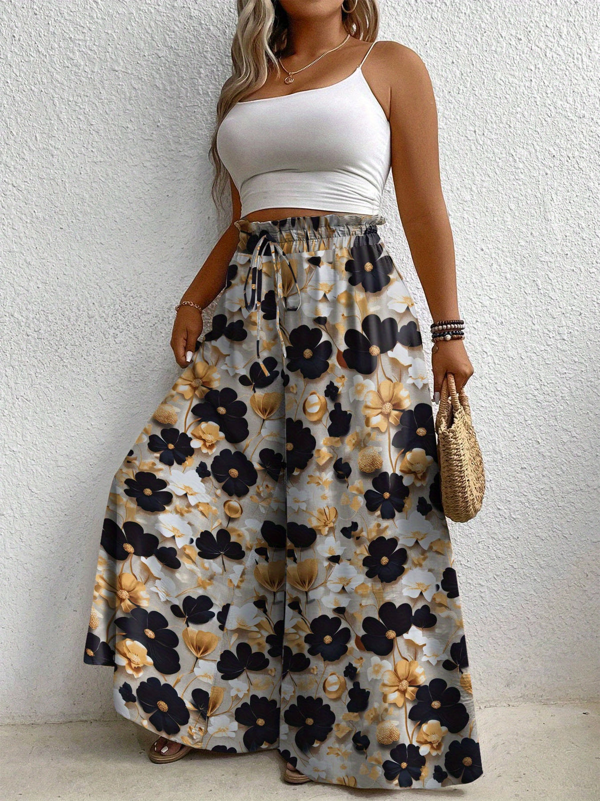 Pantalon grande taille à imprimé fleuri, coupe évasée, cordon Image