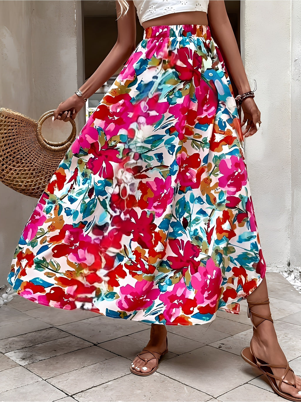 Robe grande taille à imprimé fleuri, coupe évasée, fente latérale — composition : 100% Polyester
