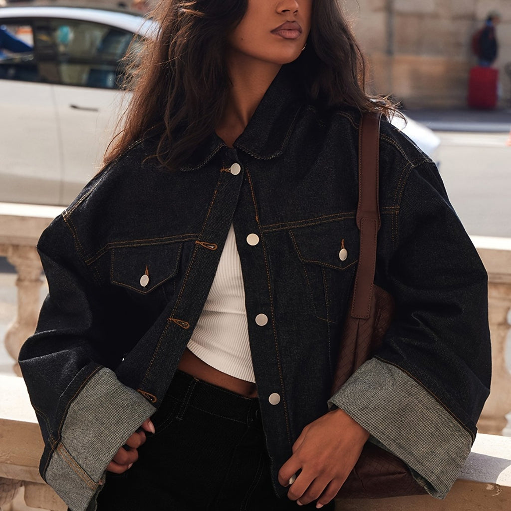 Veste grande taille, col V, tenue franche — matière : denim