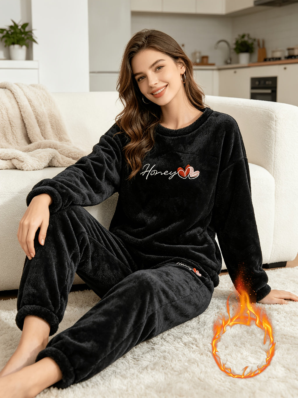 Pyjama grande taille à broderies, manches longues, chaleur d'hiver, vu de dos