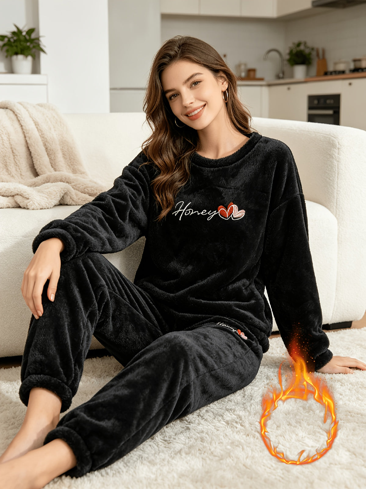 Pyjama grande taille à broderies, manches longues, chaleur d'hiver, vu de dos