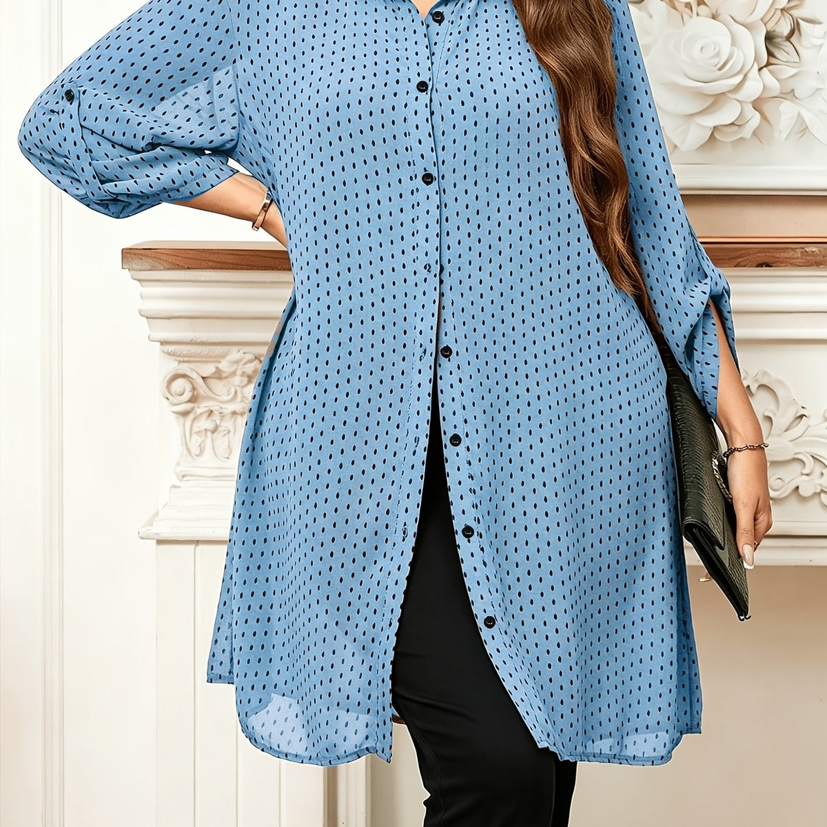 Chemise grande taille à pois, col polo — composition : 95% Polyester, 5% Élasthanne
